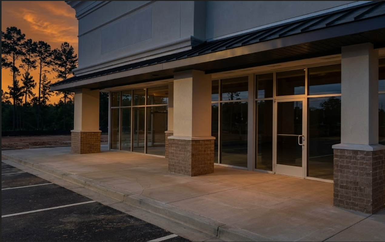 Same commercial site with clean entries, glass, and facade after post-construction clean up