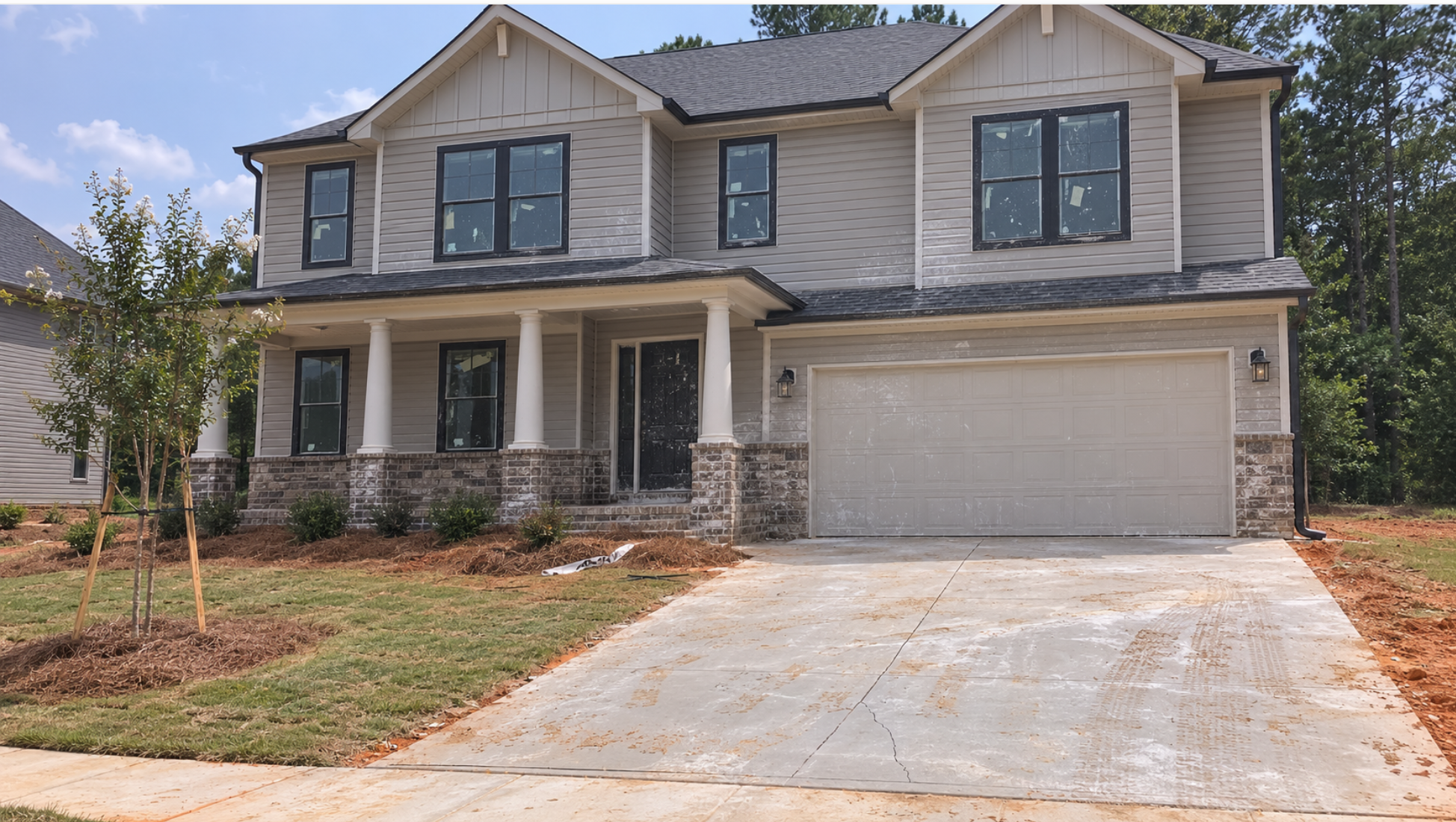 Newly built Georgia home with construction dust, paint overspray, and debris on siding, windows, and driveway