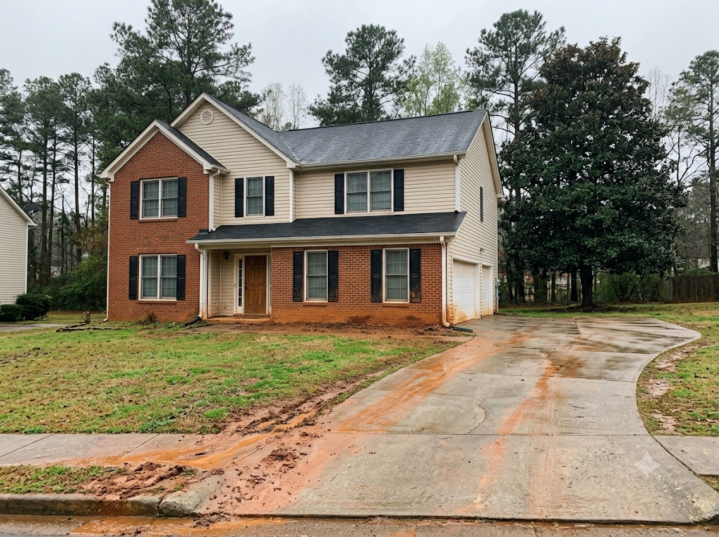 Two-story brick and vinyl Georgia home with orange red clay runoff staining the concrete driveway, sidewalk, and lawn edge